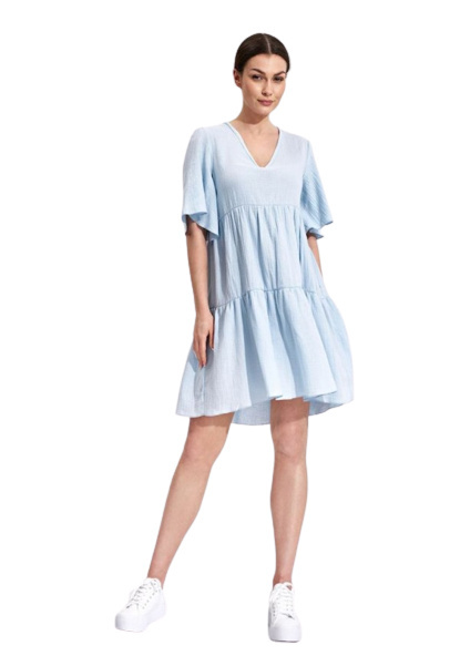 Sukienka letnia mini rozkloszowana falbanki krótki rękaw błękitna